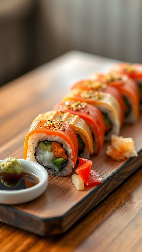 Close-up of colorful sushi rolls with fish, avocado, and cucumber on a wooden board, served with soy sauce and garnishes.